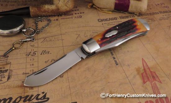 Jim Dunlap - Custom Two Blade Trapper - Amber Stag - Image 3